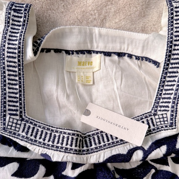 NWT Anthropologie Maeve Liyah Embroidered Top Cotton Linen Navy White Size 8 - Picture 9 of 15